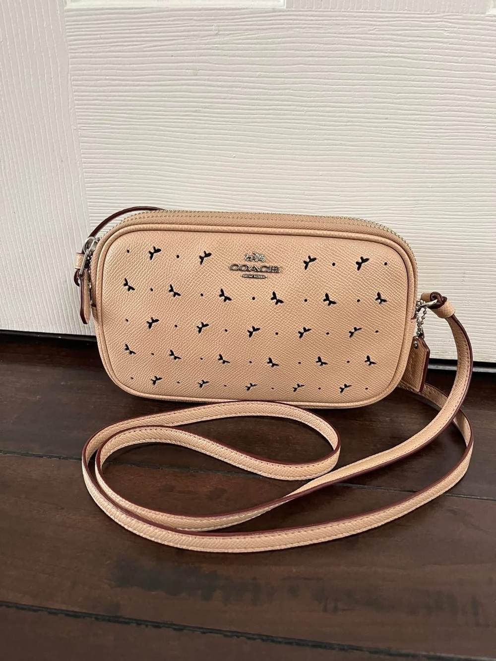 Coach Soft Leather Double Zipped Purse, Crossbody with Perforated Butterflies
